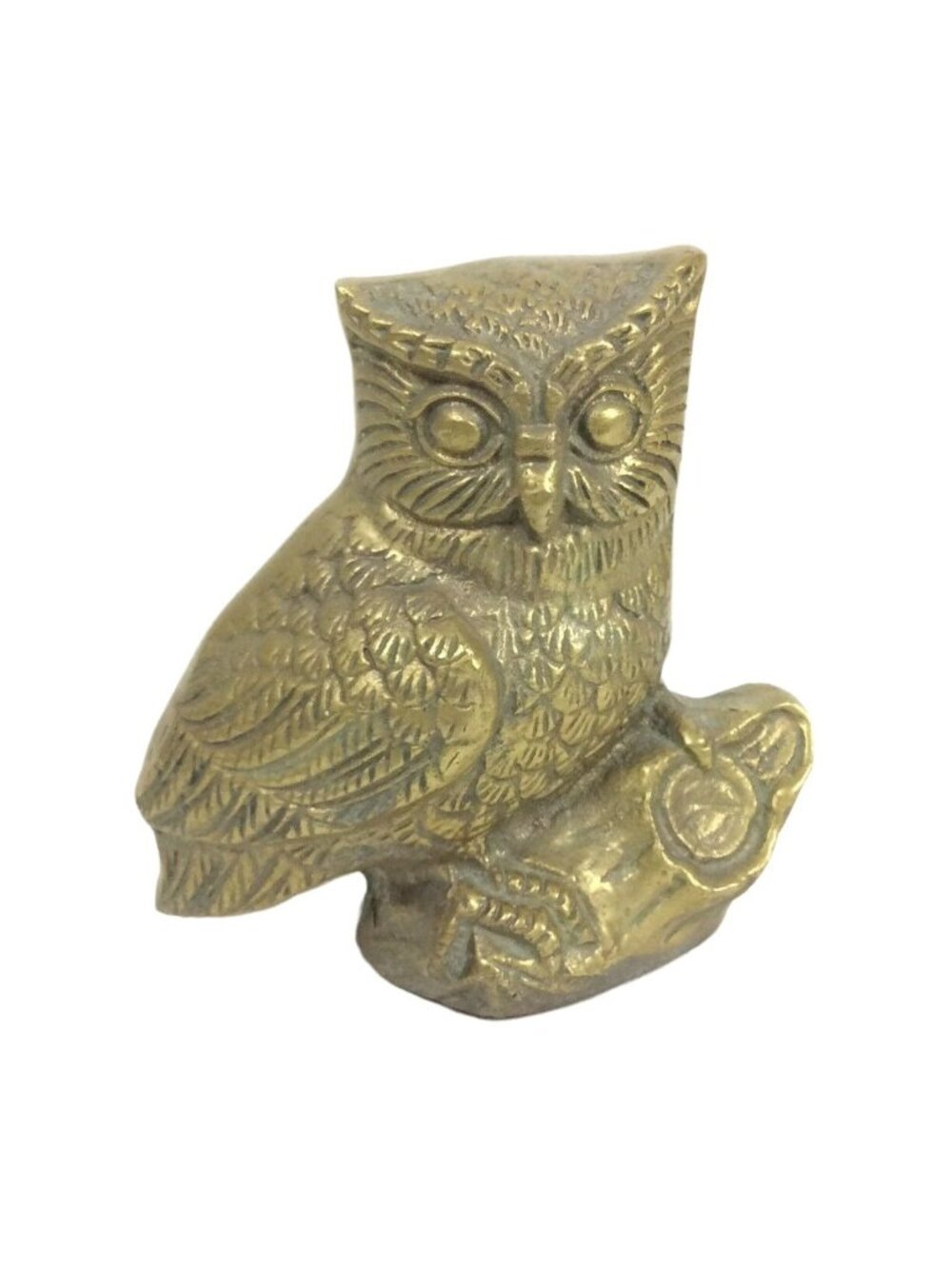 Vintage Brass Owl On Log Figurine Patina 3.5 inch Cast Metal Decorative Accent